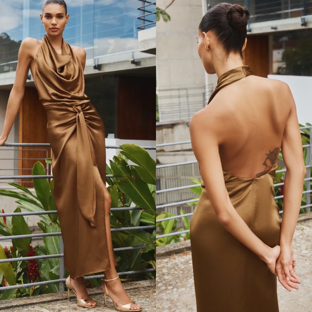 Zara Bronze Satin Halter Midi Dress